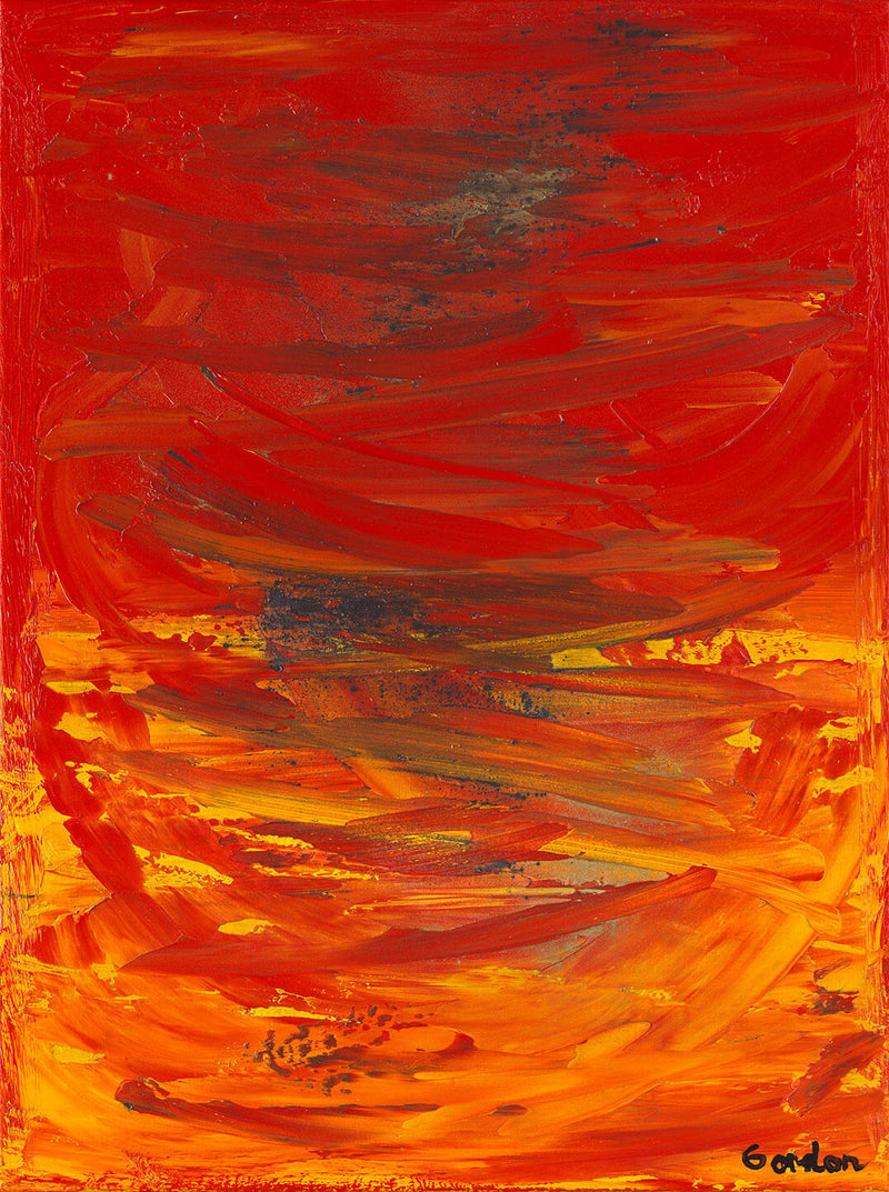 Land and sea. Red, yellow, and gold horizontal overlapping layers on structured colour base.