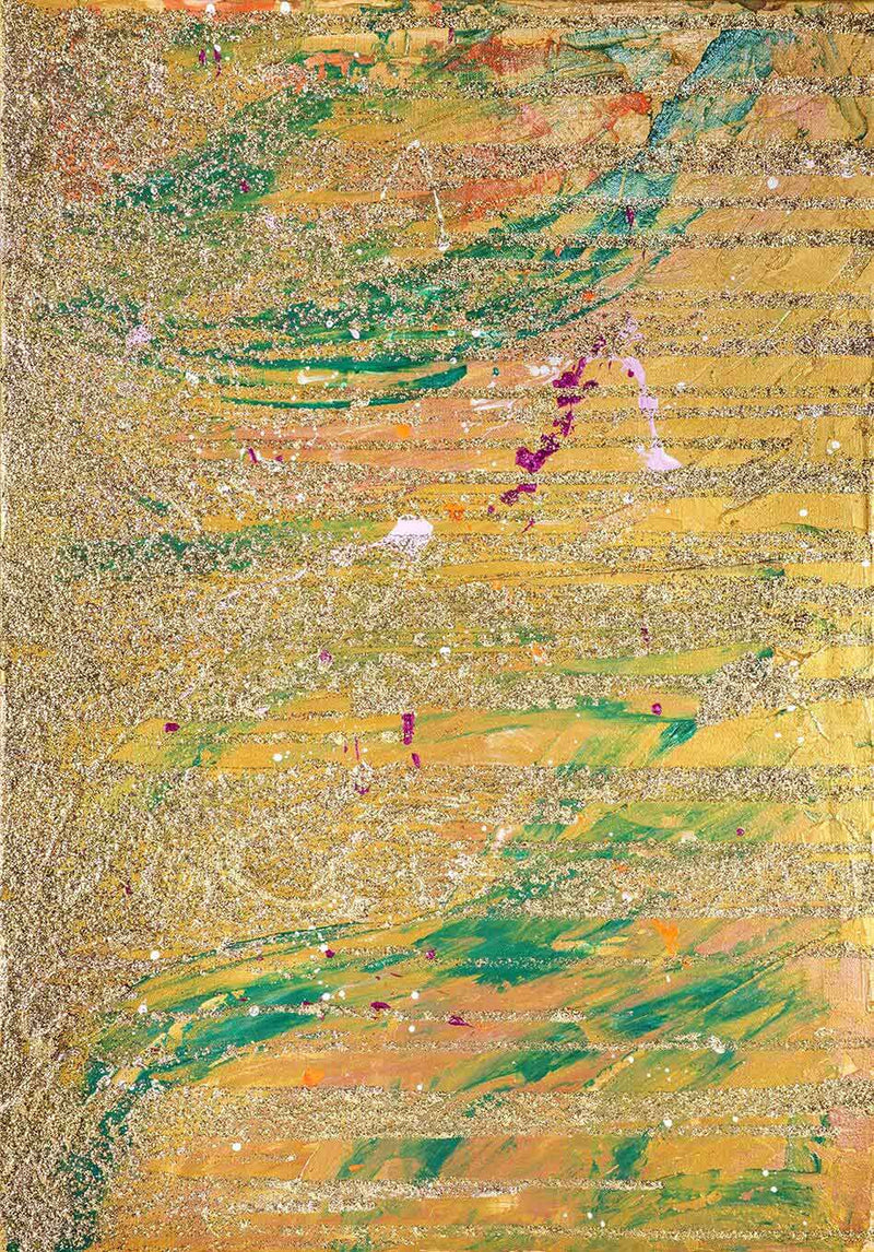 Yellow orange base with green spatula strokes. Gold horizontal glitter layered on top. Mixed media.