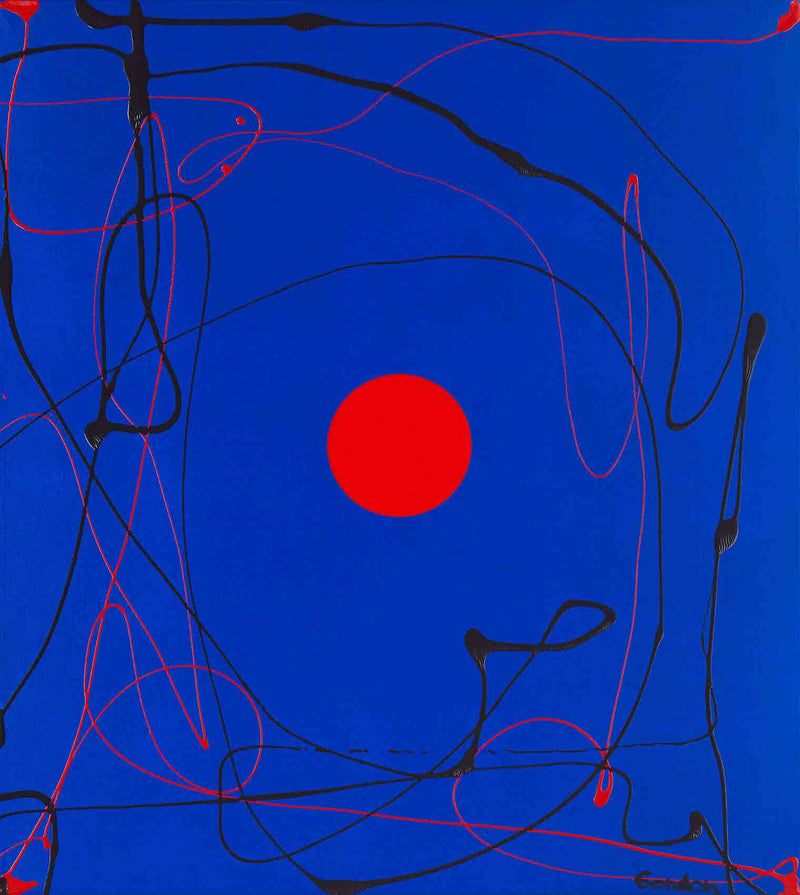 Black sphere on blue with red and black outlines.